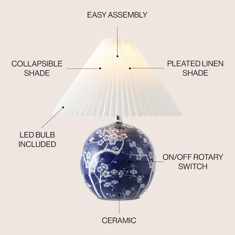 Chinoiserie Ceramic Orb LED Table Lamp with Pleated Shade. Picture 1