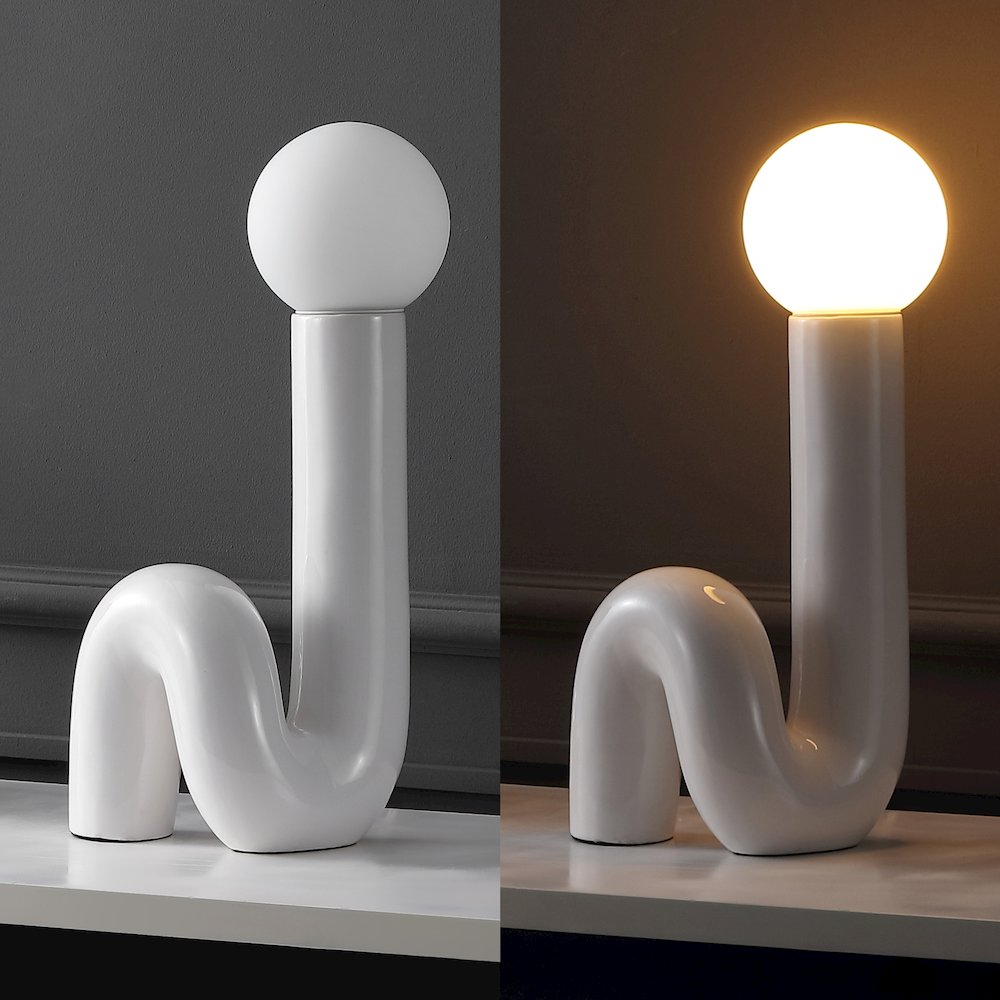 Katya 18" Scandinavian Minimalist Ceramic Spiral Tube LED Table Lamp, White. Picture 5