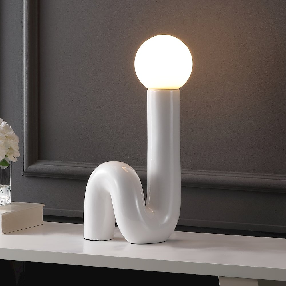 Katya 18" Scandinavian Minimalist Ceramic Spiral Tube LED Table Lamp, White. Picture 6