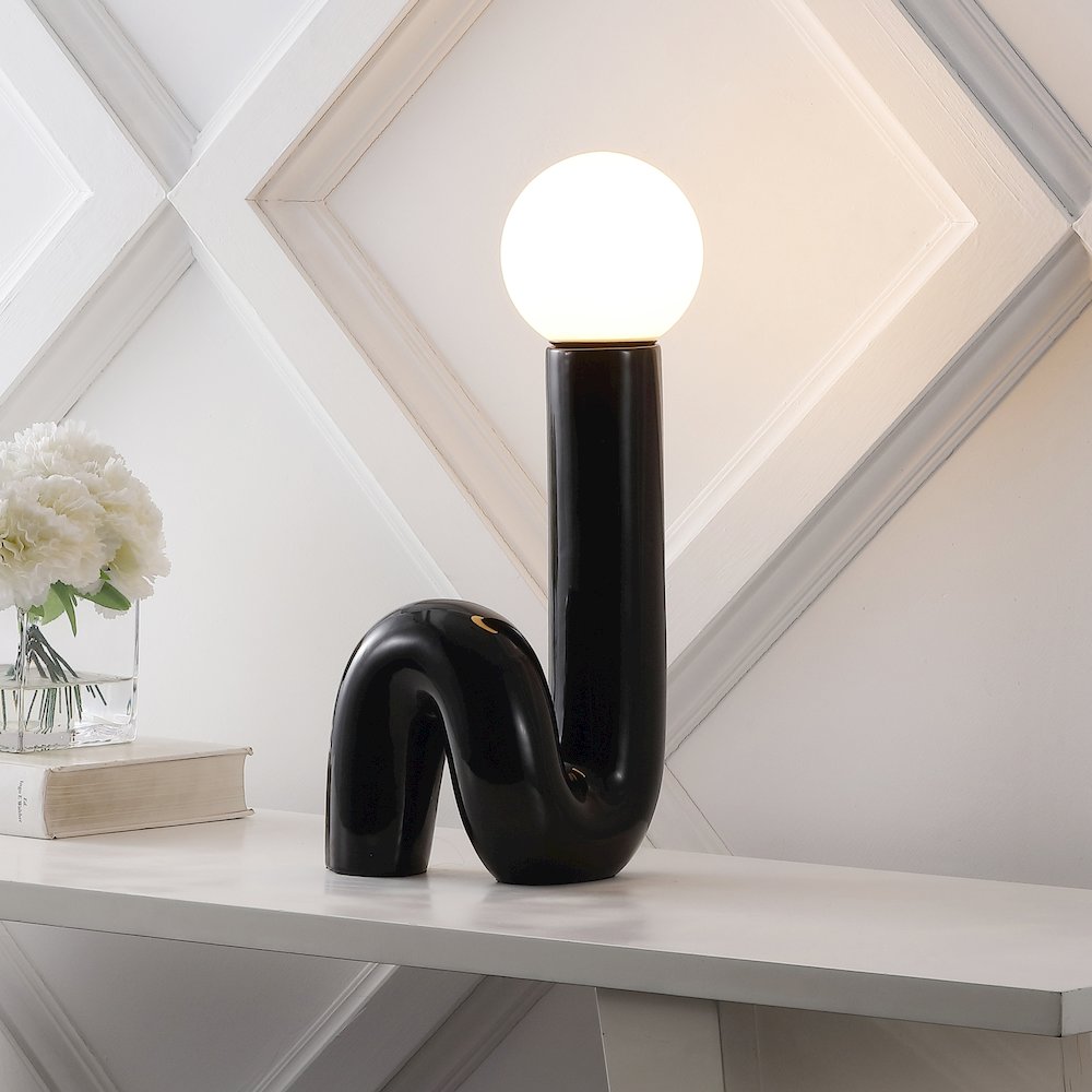 Katya 18" Scandinavian Minimalist Ceramic Spiral Tube LED Table Lamp, Black. Picture 6