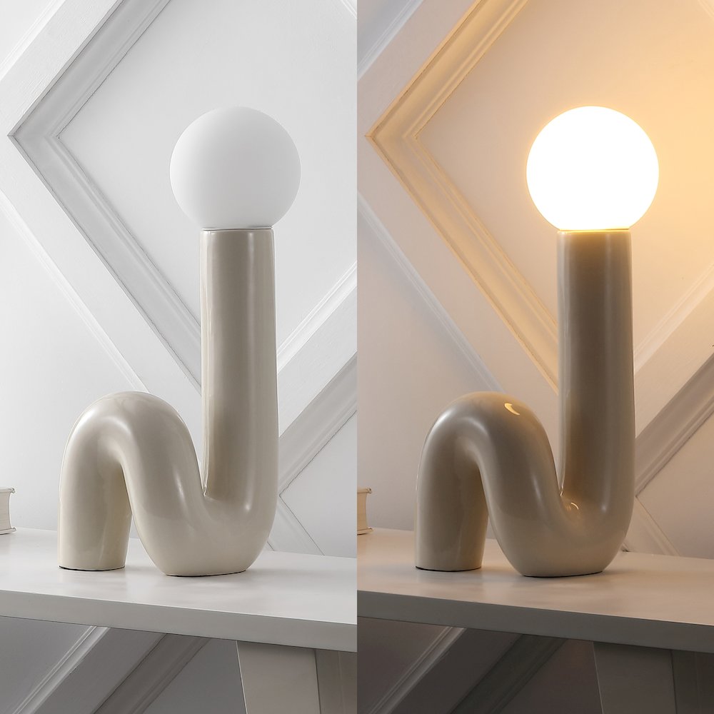 Katya 18" Scandinavian Minimalist Ceramic Spiral Tube LED Table Lamp, Light Gray. Picture 5