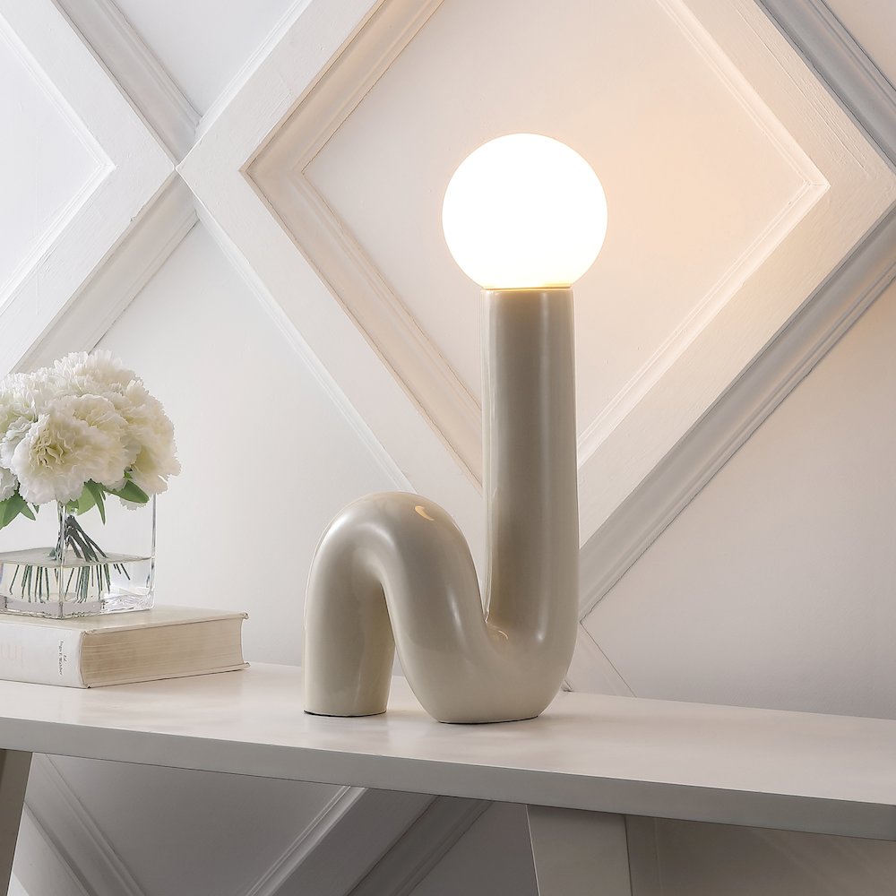 Katya 18" Scandinavian Minimalist Ceramic Spiral Tube LED Table Lamp, Light Gray. Picture 6