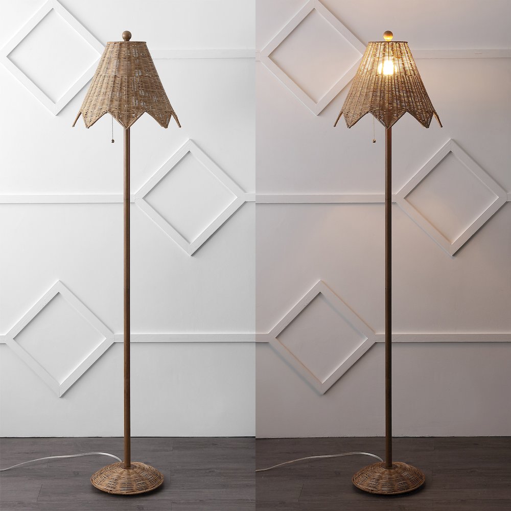 Tybee 60.5" Traditional Coastal Rattan Scalloped LED Floor Lamp, Natural Brown. Picture 5