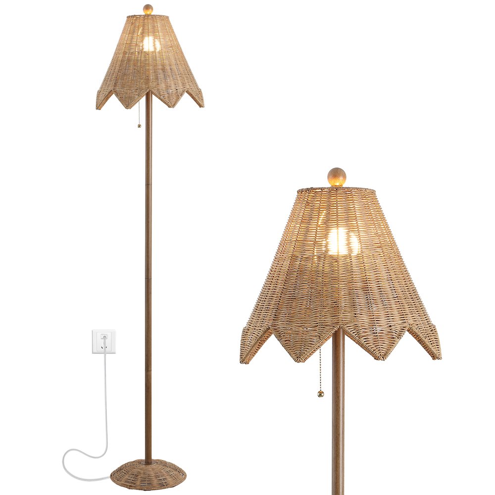 Tybee 60.5" Traditional Coastal Rattan Scalloped LED Floor Lamp, Natural Brown. Picture 1