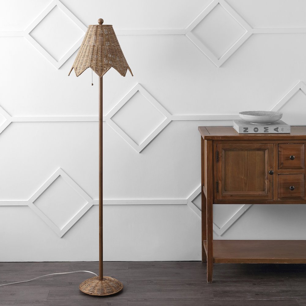 Tybee 60.5" Traditional Coastal Rattan Scalloped LED Floor Lamp, Natural Brown. Picture 2