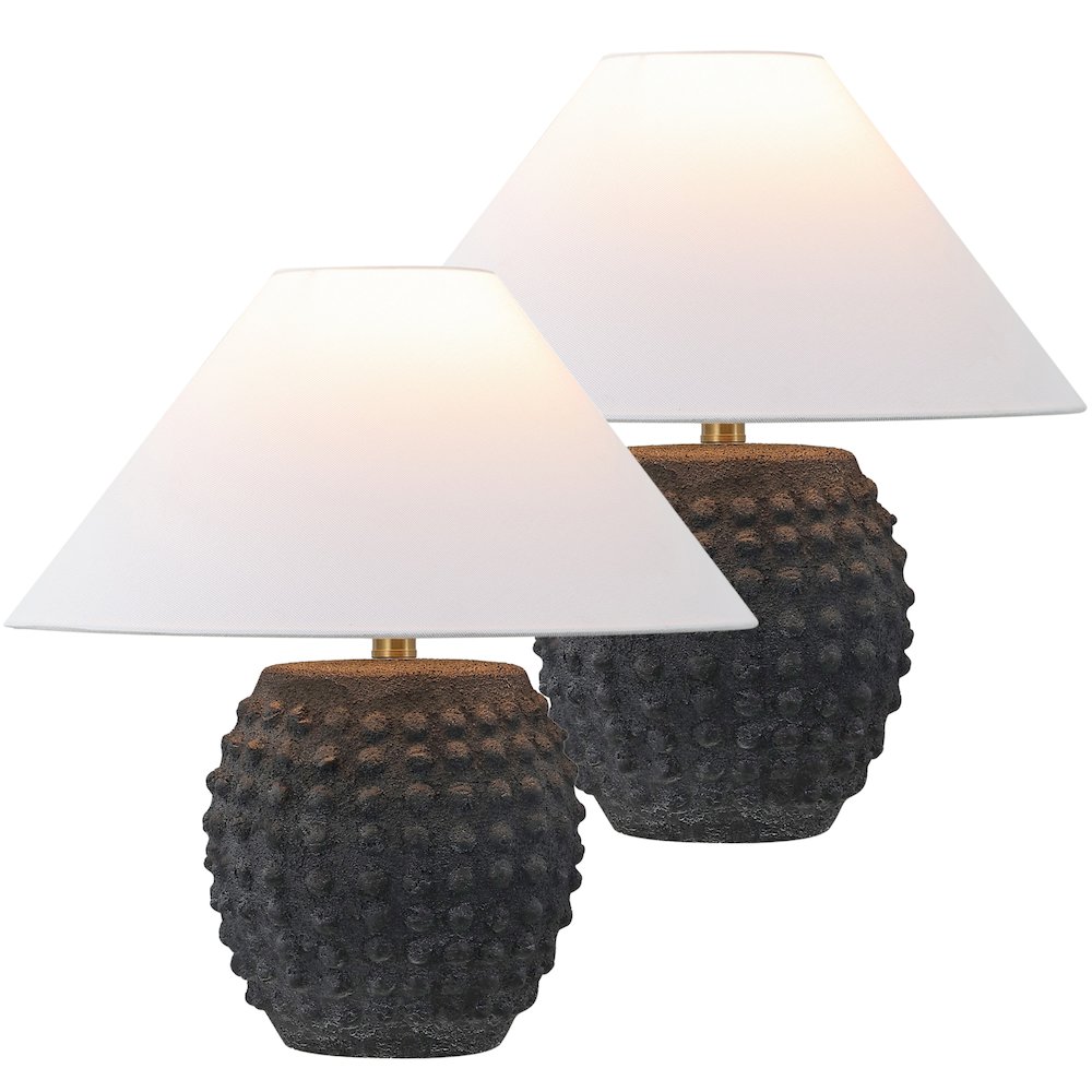 18.25" Scandinavian Ceramic/Iron Hobnail LED Table Lamp, Matte Black (Set of 2). Picture 1