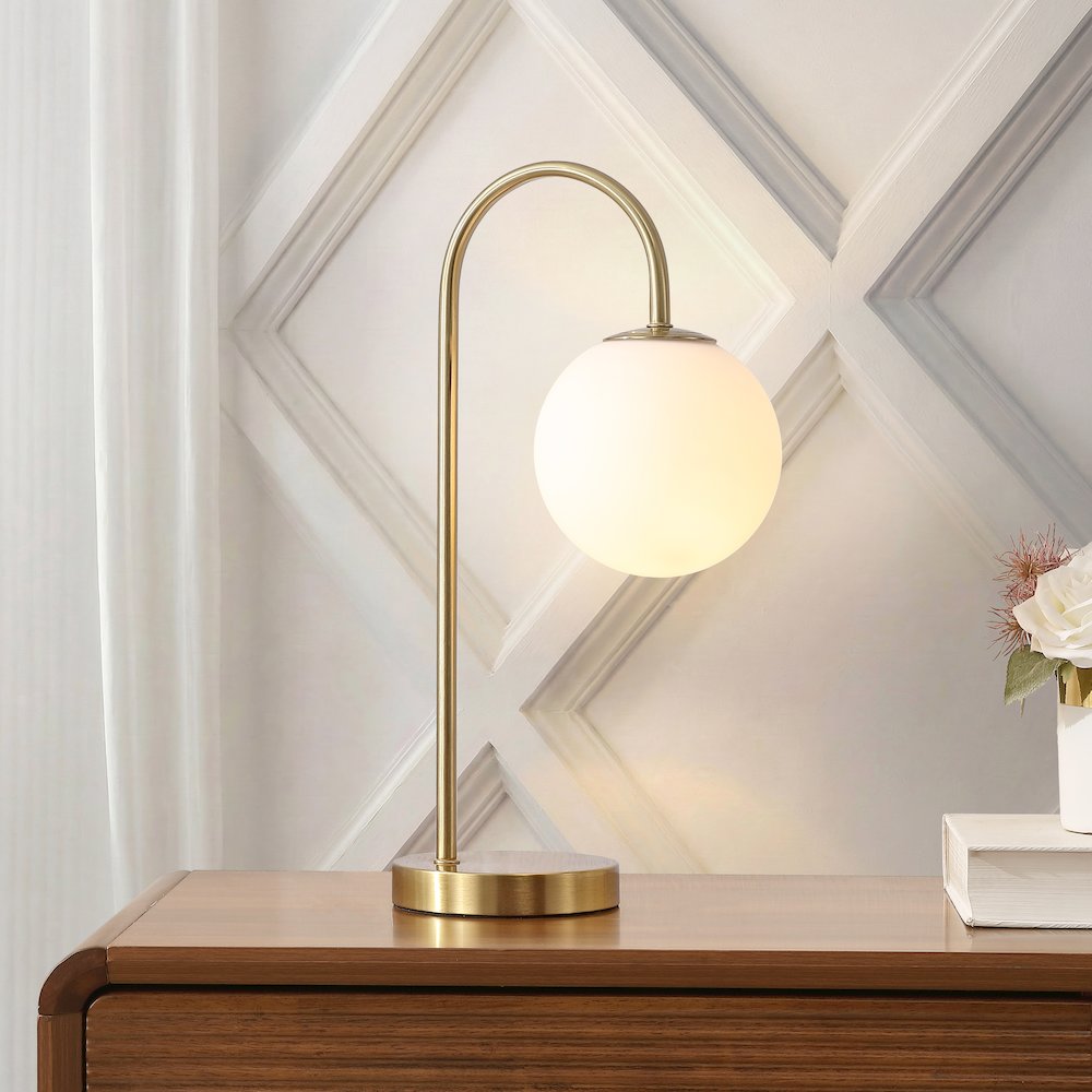 Arco Arched Metal/Glass LED Table Lamp with Frosted Globe Shade. Picture 2