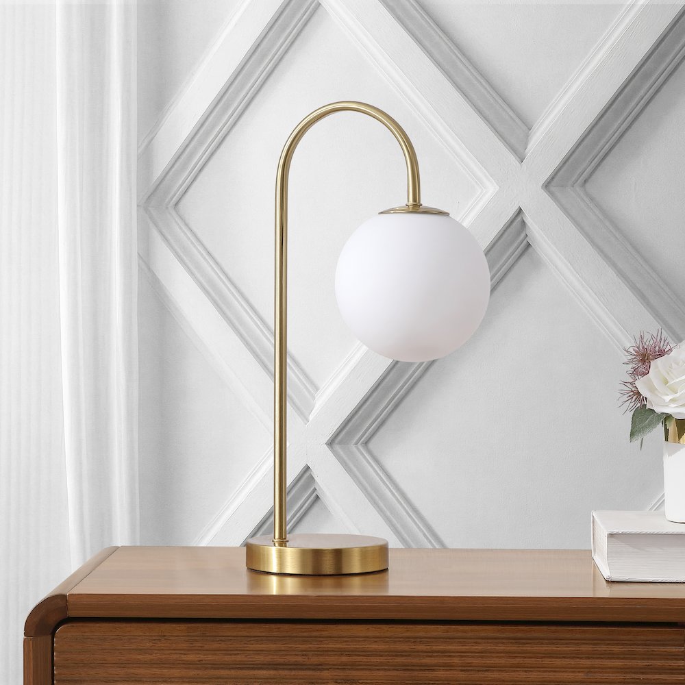 Arco Arched Metal/Glass LED Table Lamp with Frosted Globe Shade. Picture 8