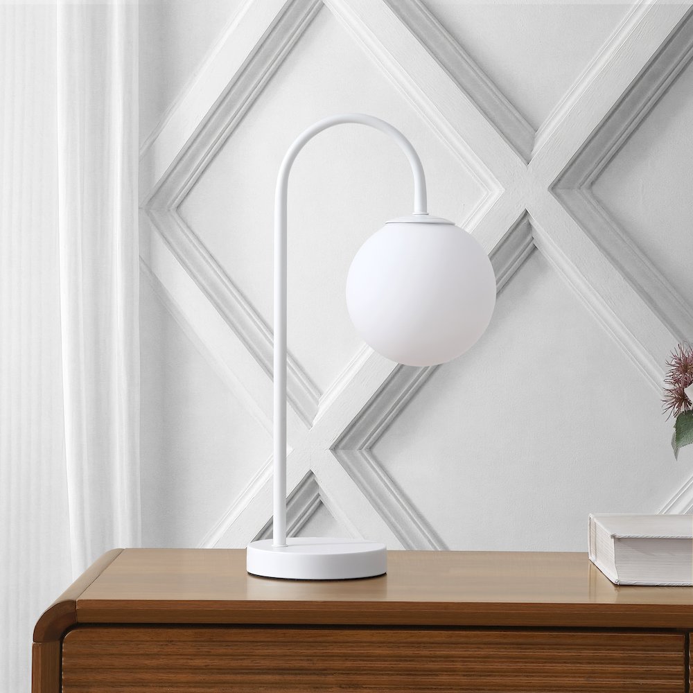 Arco Arched Metal/Glass LED Table Lamp with Frosted Globe Shade. Picture 8