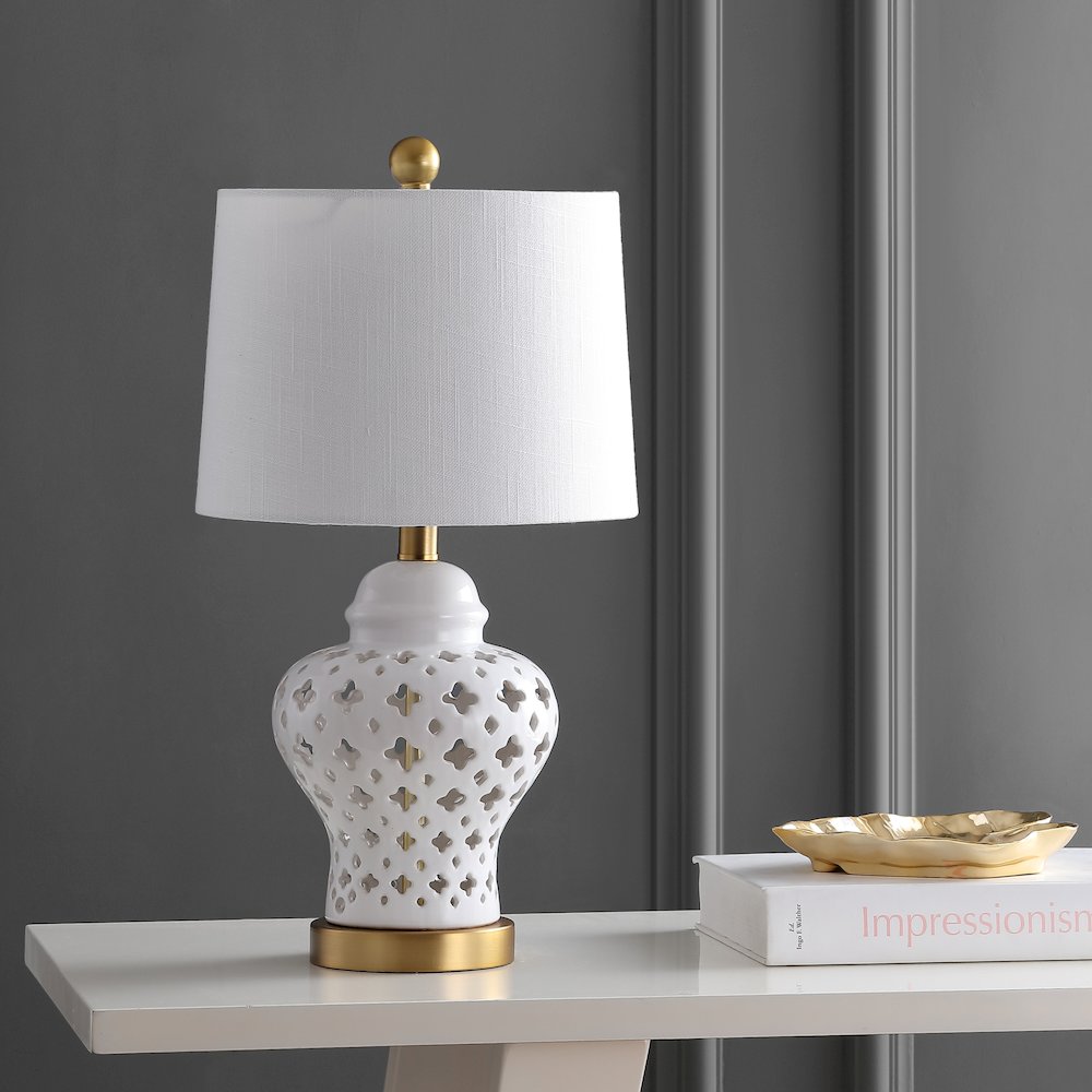 Quatrefoil Fretwork Pierced Ginger Jar Ceramicmetal Led Table Lamp. Picture 6