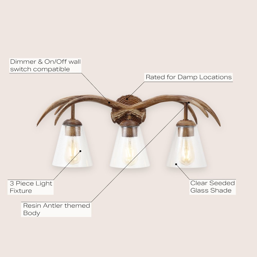3-Light Southwestern Bohemian Resin/Seeded Glass Faux Antler Led Vanity Light. Picture 5