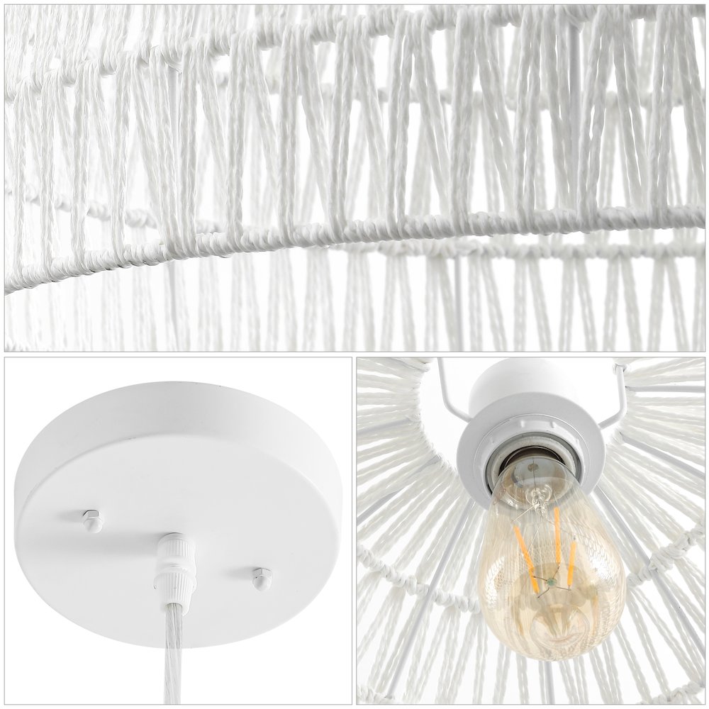 Campana 20" 1-Light Bohemian Modern Woven Rope/Iron LED Pendant, White. Picture 4