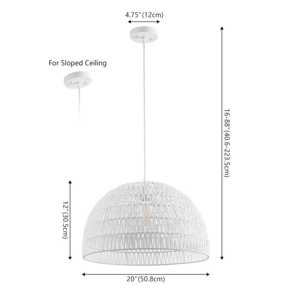 Campana 20" 1-Light Bohemian Modern Woven Rope/Iron LED Pendant, White. Picture 6