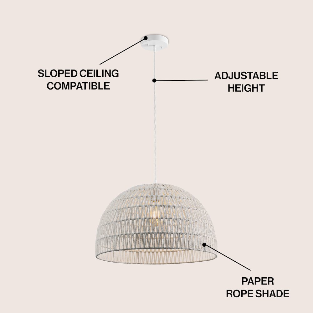 Campana 20" 1-Light Bohemian Modern Woven Rope/Iron LED Pendant, White. Picture 3