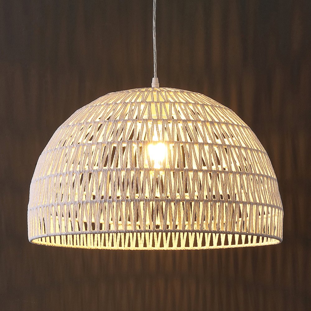 Campana 20" 1-Light Bohemian Modern Woven Rope/Iron LED Pendant, White. Picture 7
