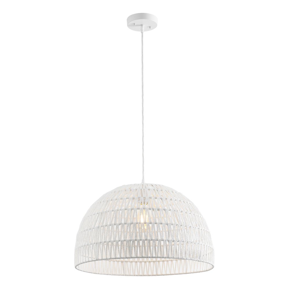 Campana 20" 1-Light Bohemian Modern Woven Rope/Iron LED Pendant, White. Picture 1