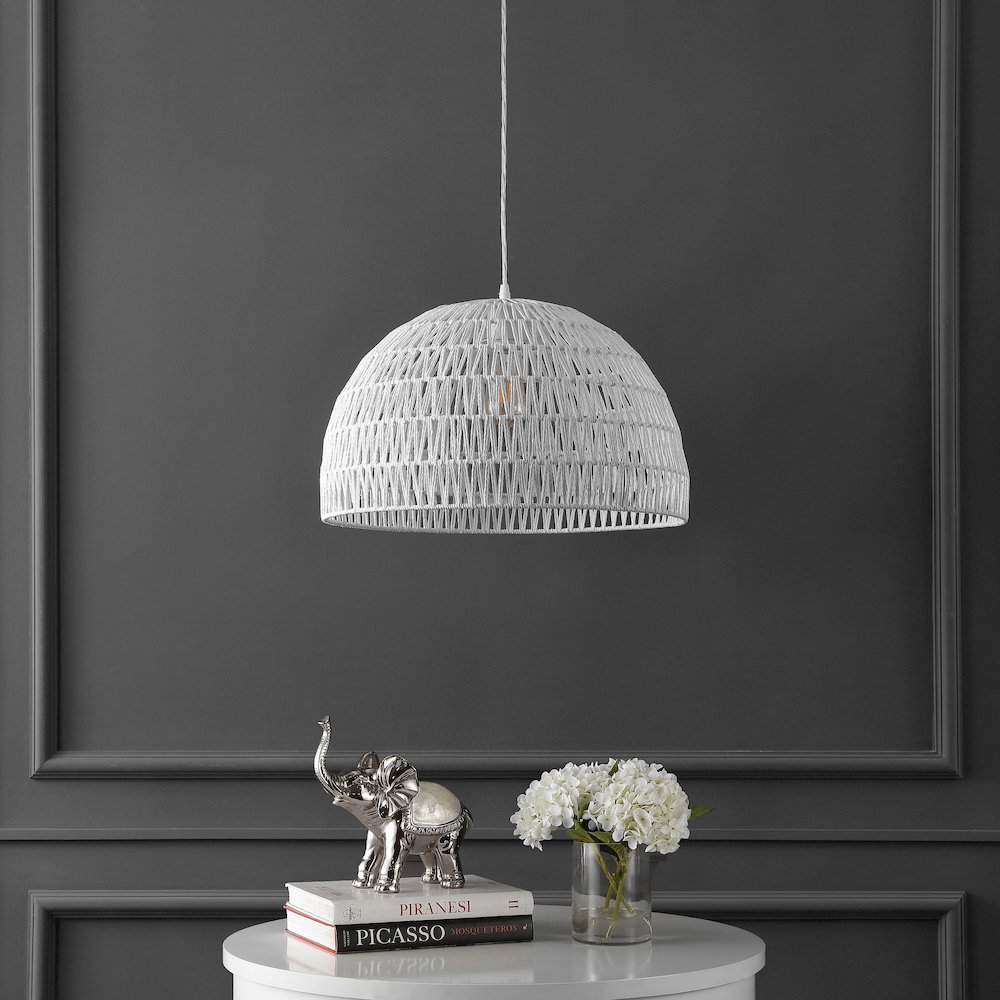 Campana 20" 1-Light Bohemian Modern Woven Rope/Iron LED Pendant, White. Picture 2