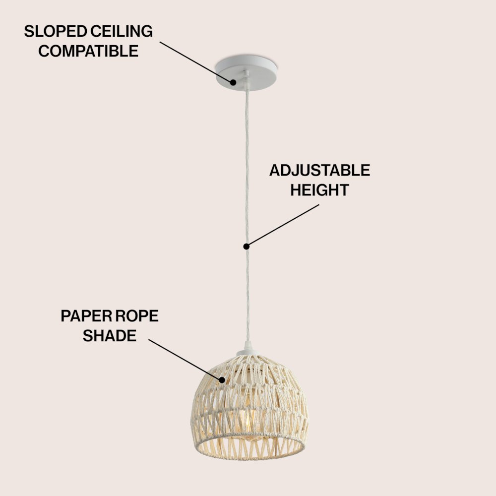 Campana 8.25" 1-Light Bohemian Modern Woven Rope/Iron LED Pendant, Cream. Picture 3