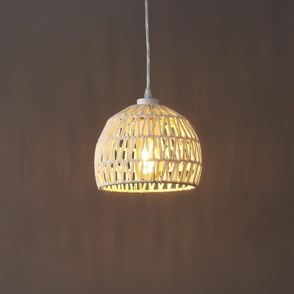 Campana 8.25" 1-Light Bohemian Modern Woven Rope/Iron LED Pendant, Cream. Picture 7