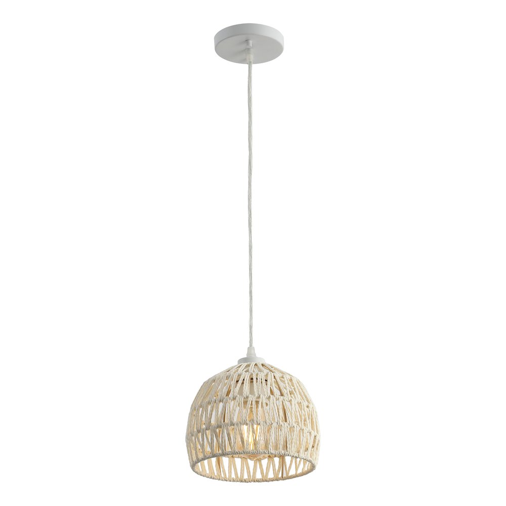 Campana 8.25" 1-Light Bohemian Modern Woven Rope/Iron LED Pendant, Cream. Picture 1