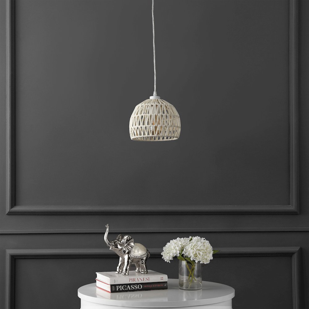 Campana 8.25" 1-Light Bohemian Modern Woven Rope/Iron LED Pendant, Cream. Picture 2