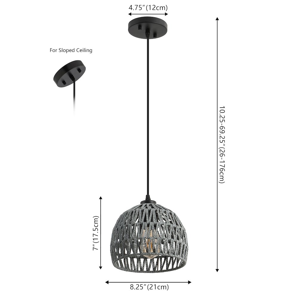 Campana 8.25" 1-Light Bohemian Modern Woven Rope/Iron LED Pendant, Gray. Picture 6