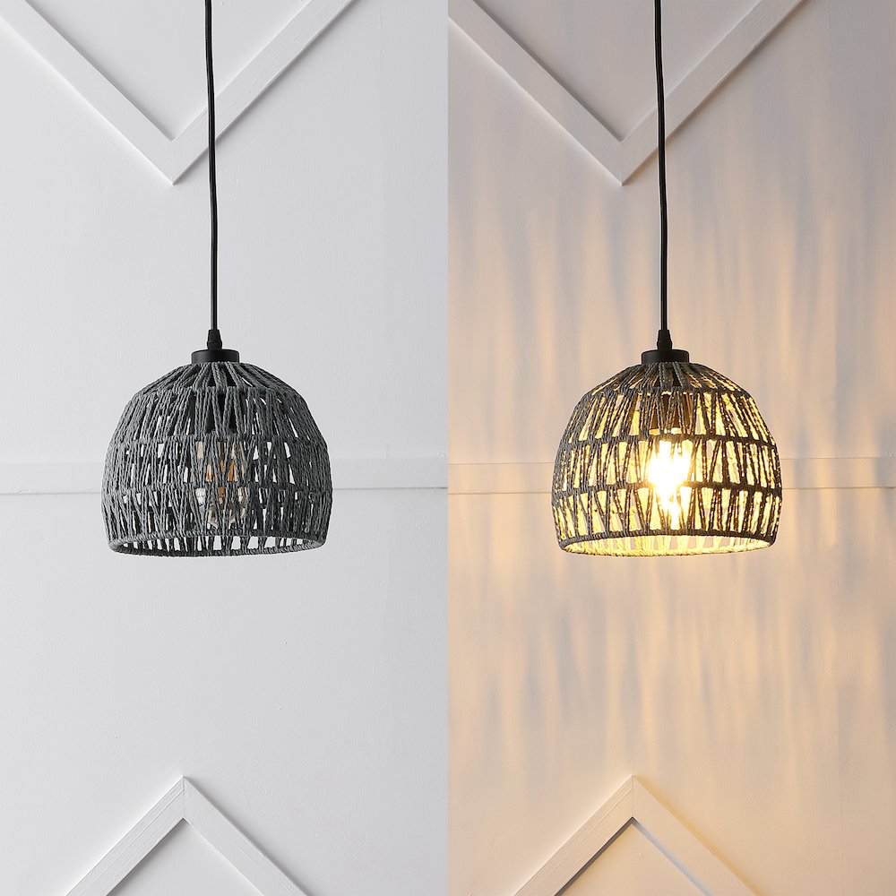 Campana 8.25" 1-Light Bohemian Modern Woven Rope/Iron LED Pendant, Gray. Picture 5