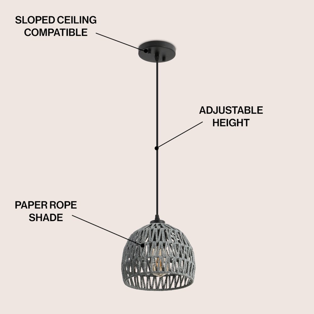 Campana 8.25" 1-Light Bohemian Modern Woven Rope/Iron LED Pendant, Gray. Picture 3