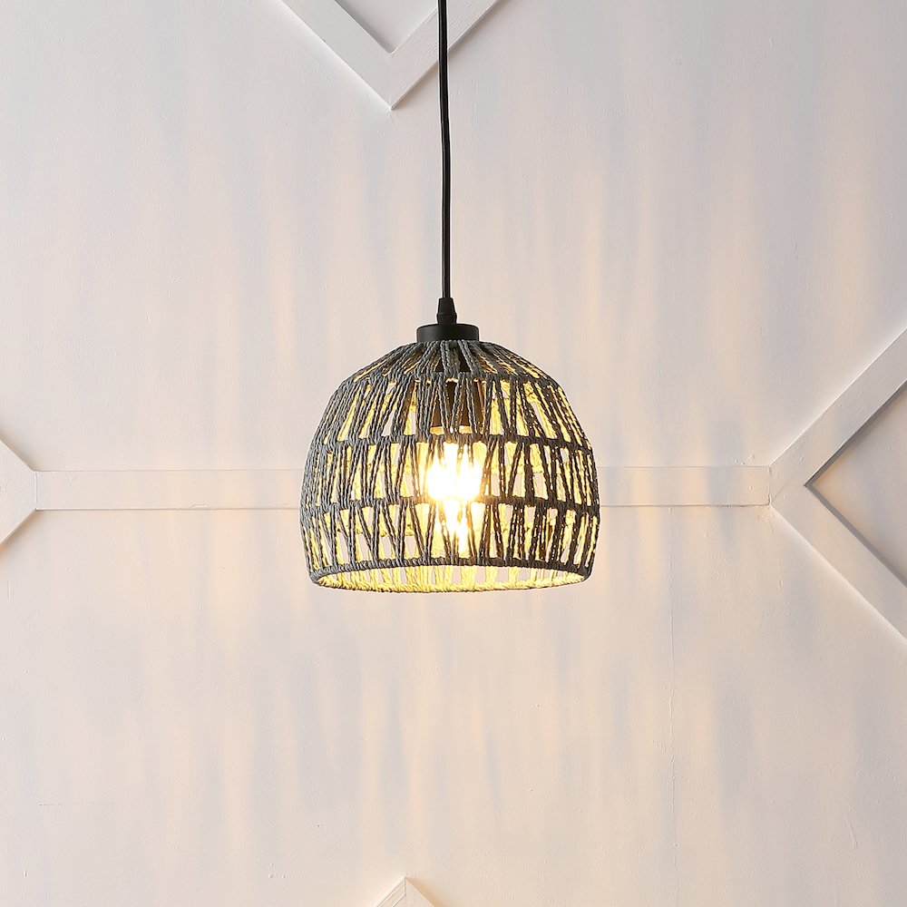 Campana 8.25" 1-Light Bohemian Modern Woven Rope/Iron LED Pendant, Gray. Picture 7