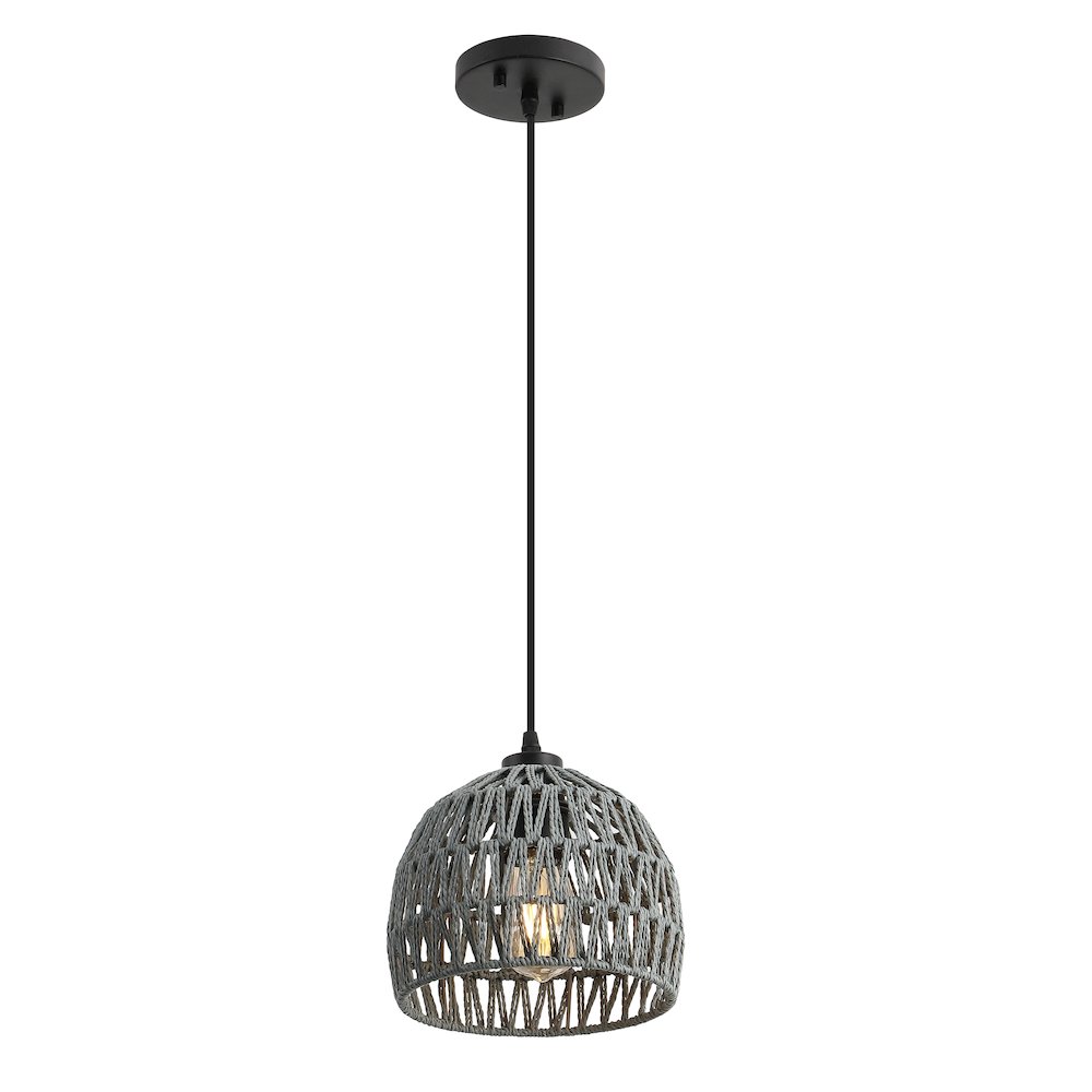 Campana 8.25" 1-Light Bohemian Modern Woven Rope/Iron LED Pendant, Gray. Picture 1