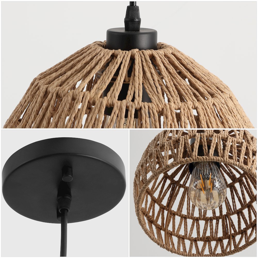 Campana 8.25" 1-Light Bohemian Modern Woven Rope/Iron LED Pendant, Brown/Black. Picture 4