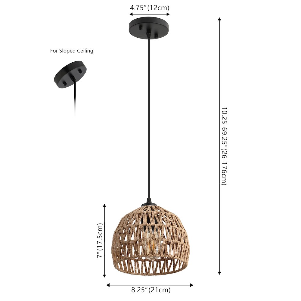 Campana 8.25" 1-Light Bohemian Modern Woven Rope/Iron LED Pendant, Brown/Black. Picture 6