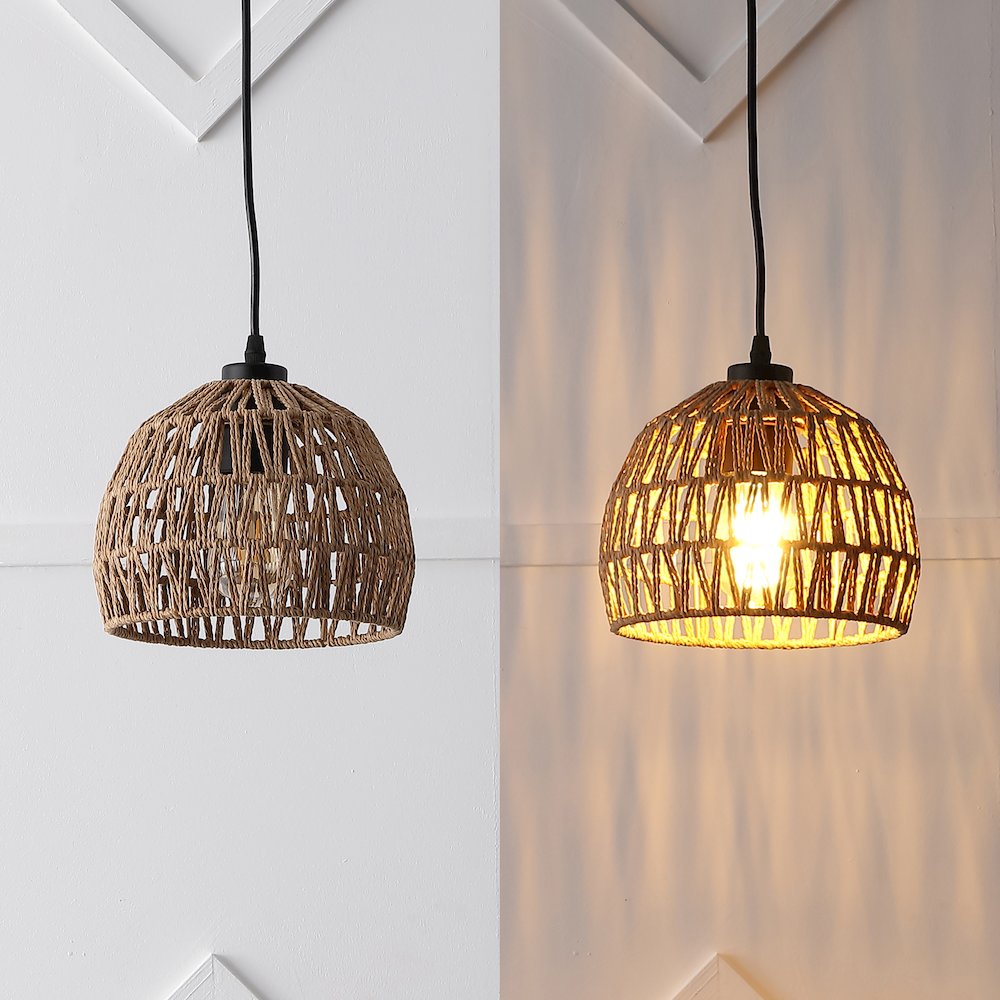 Campana 8.25" 1-Light Bohemian Modern Woven Rope/Iron LED Pendant, Brown/Black. Picture 5