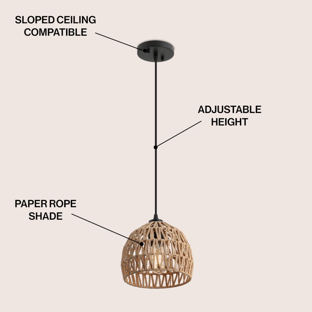 Campana 8.25" 1-Light Bohemian Modern Woven Rope/Iron LED Pendant, Brown/Black. Picture 3