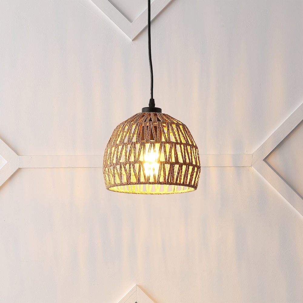 Campana 8.25" 1-Light Bohemian Modern Woven Rope/Iron LED Pendant, Brown/Black. Picture 7