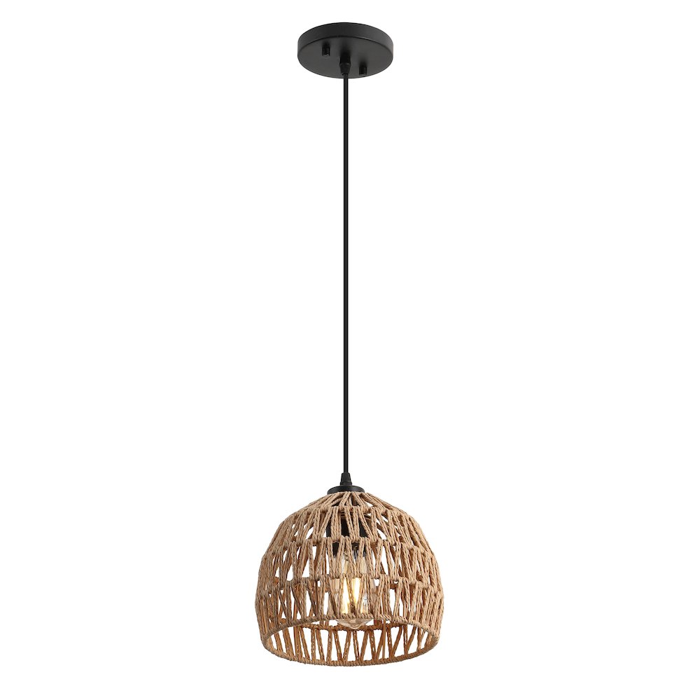 Campana 8.25" 1-Light Bohemian Modern Woven Rope/Iron LED Pendant, Brown/Black. Picture 1