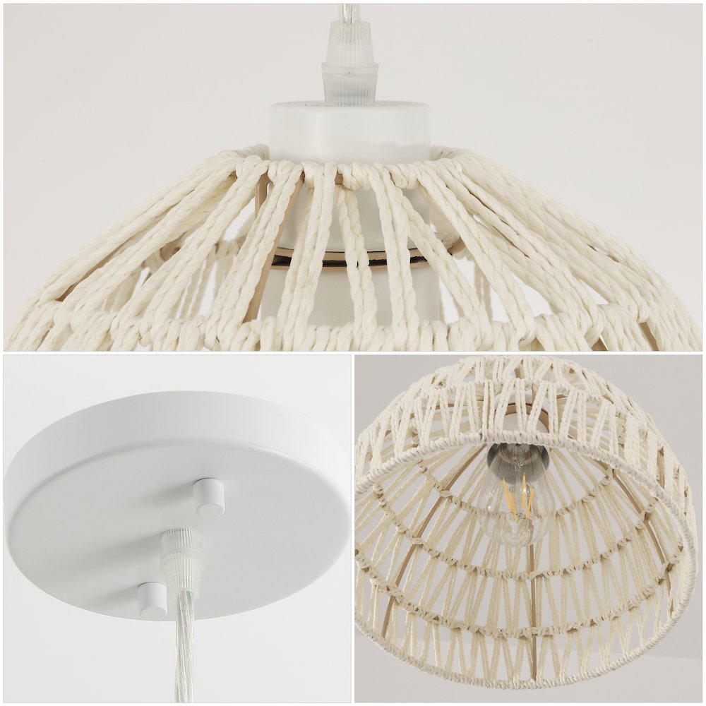 Campana 10.25" 1-Light Bohemian Modern Woven Rope/Iron LED Pendant, Cream. Picture 4
