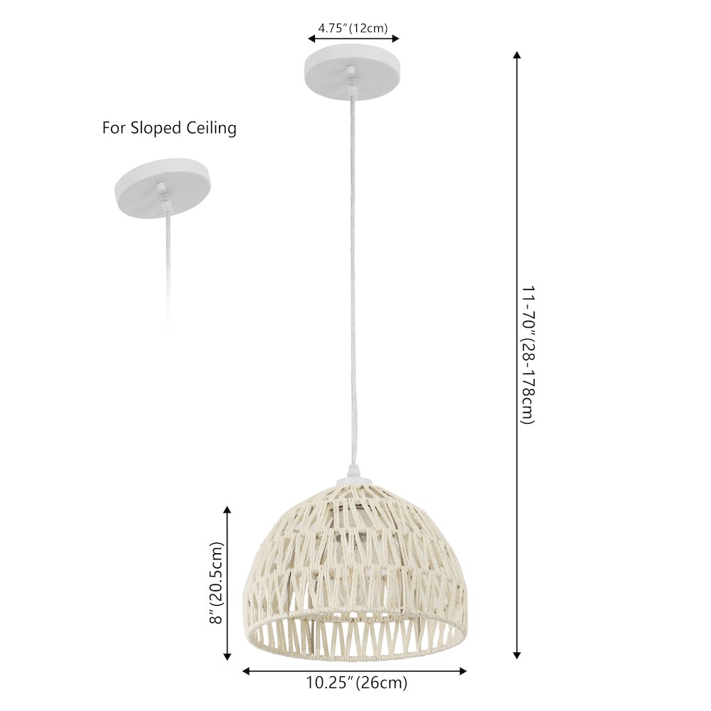 Campana 10.25" 1-Light Bohemian Modern Woven Rope/Iron LED Pendant, Cream. Picture 6