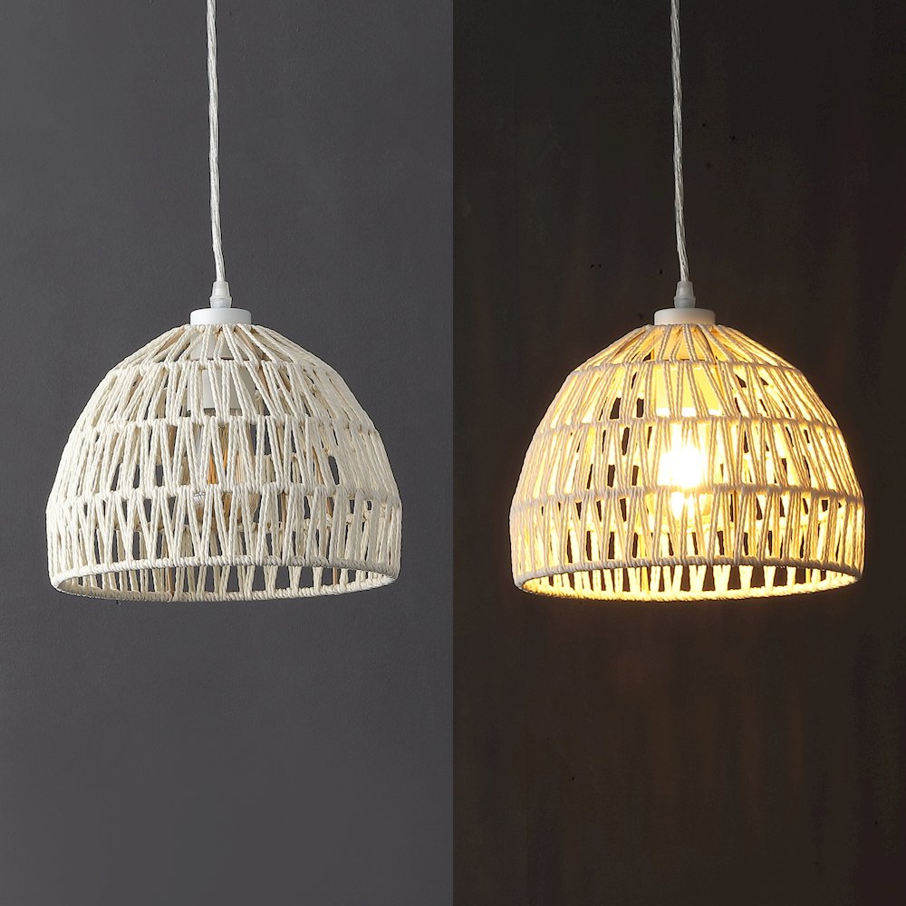 Campana 10.25" 1-Light Bohemian Modern Woven Rope/Iron LED Pendant, Cream. Picture 5