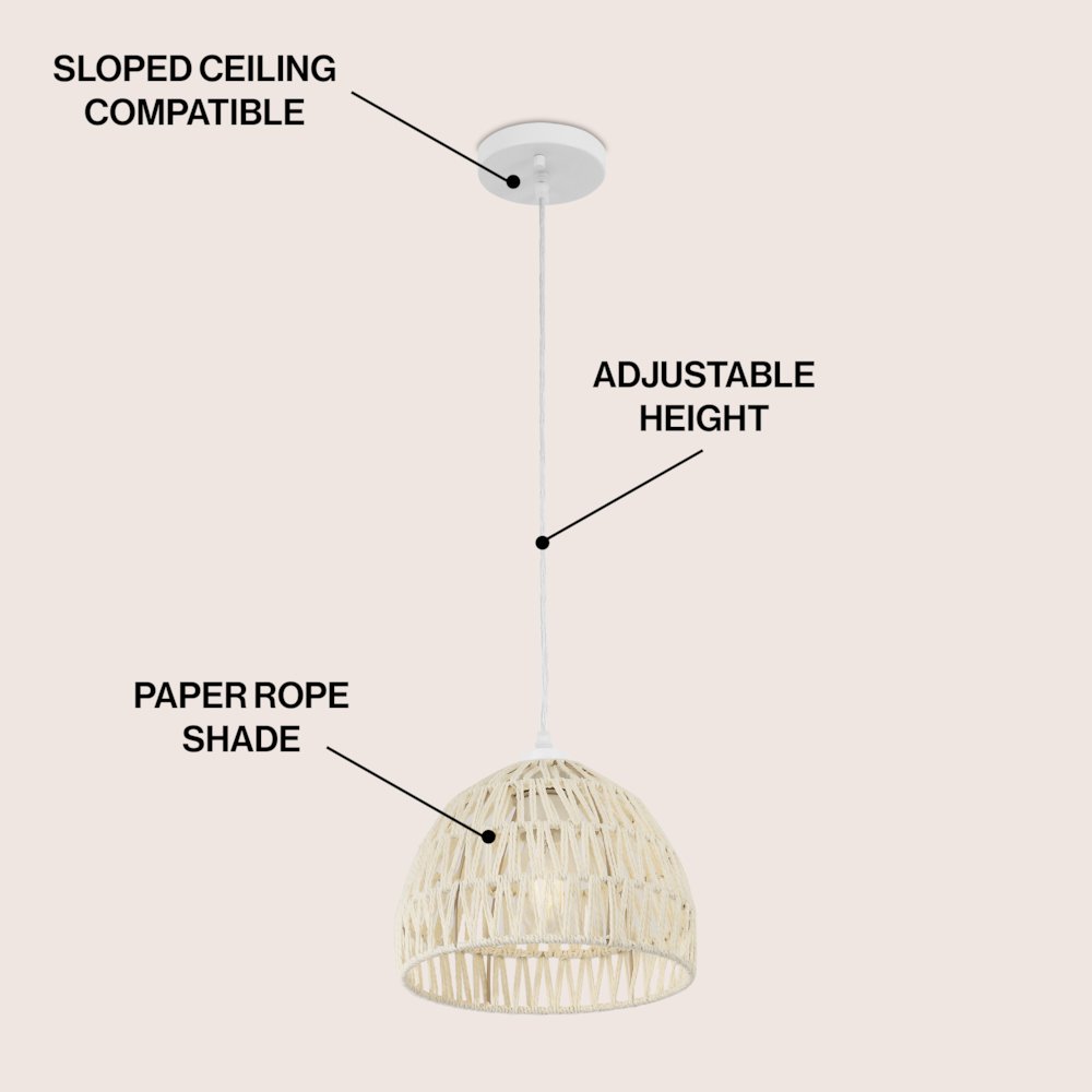 Campana 10.25" 1-Light Bohemian Modern Woven Rope/Iron LED Pendant, Cream. Picture 3