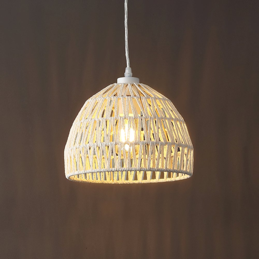 Campana 10.25" 1-Light Bohemian Modern Woven Rope/Iron LED Pendant, Cream. Picture 7