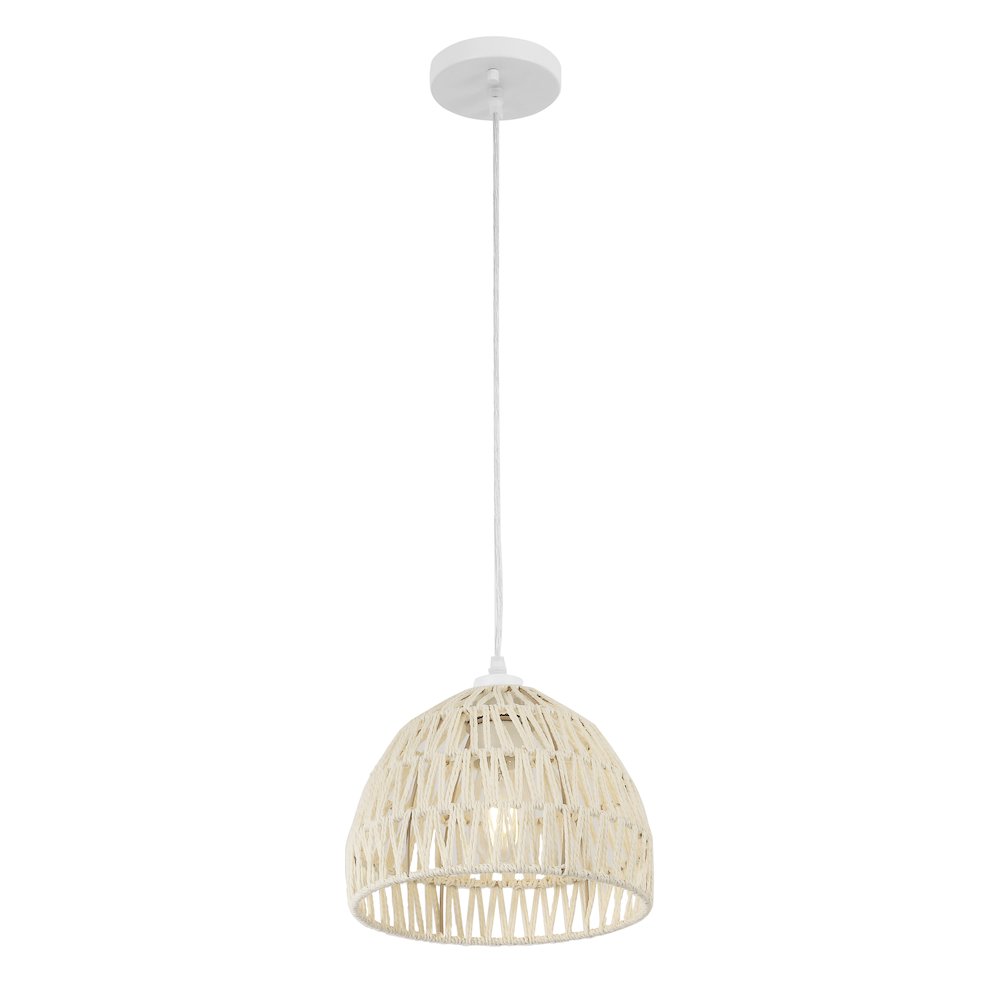 Campana 10.25" 1-Light Bohemian Modern Woven Rope/Iron LED Pendant, Cream. Picture 1