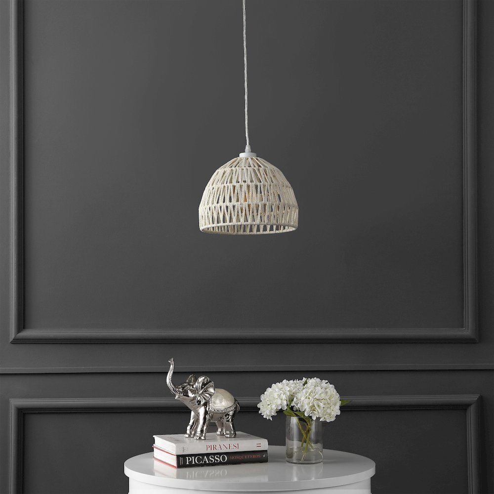 Campana 10.25" 1-Light Bohemian Modern Woven Rope/Iron LED Pendant, Cream. Picture 2