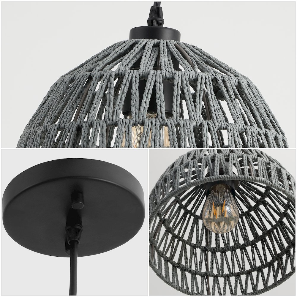 Campana 10.25" 1-Light Bohemian Modern Woven Rope/Iron LED Pendant, Gray. Picture 4