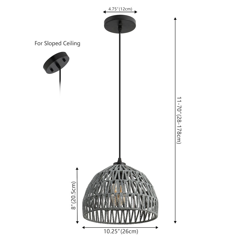 Campana 10.25" 1-Light Bohemian Modern Woven Rope/Iron LED Pendant, Gray. Picture 6