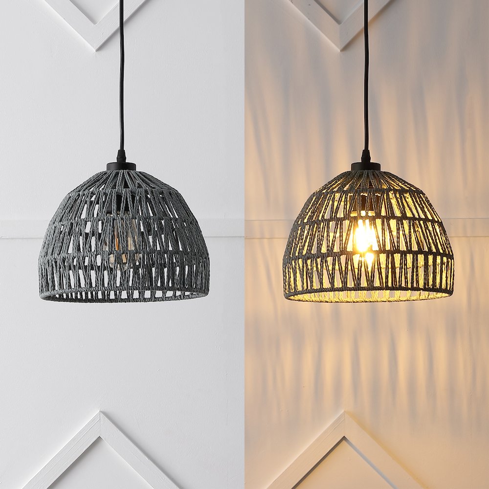 Campana 10.25" 1-Light Bohemian Modern Woven Rope/Iron LED Pendant, Gray. Picture 5