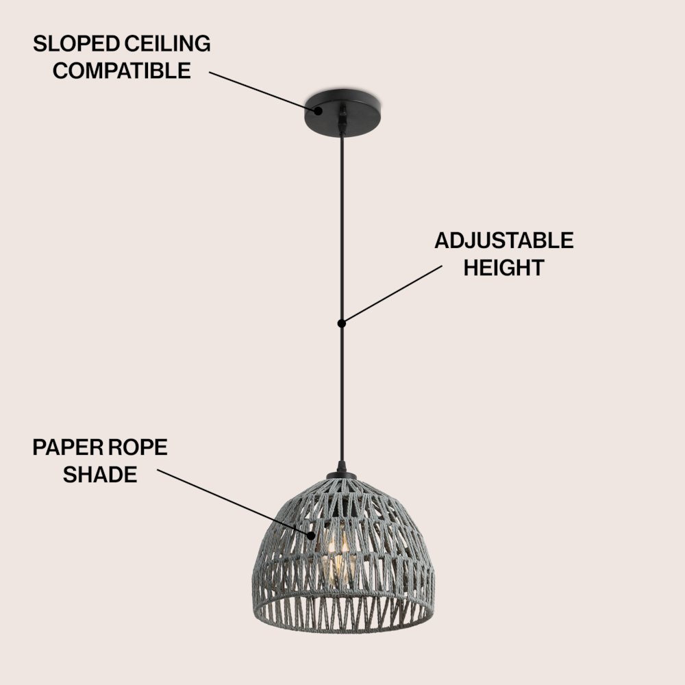 Campana 10.25" 1-Light Bohemian Modern Woven Rope/Iron LED Pendant, Gray. Picture 3
