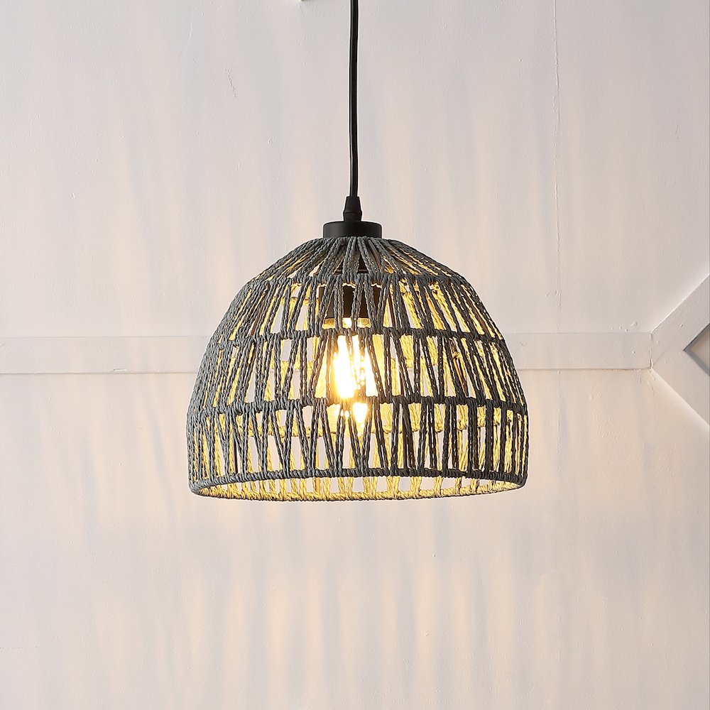 Campana 10.25" 1-Light Bohemian Modern Woven Rope/Iron LED Pendant, Gray. Picture 7