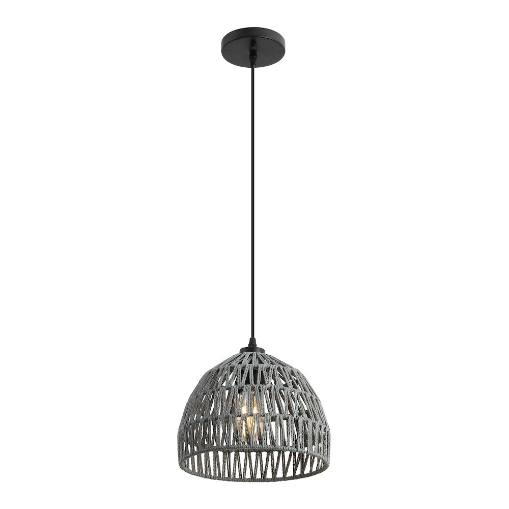 Campana 10.25" 1-Light Bohemian Modern Woven Rope/Iron LED Pendant, Gray. Picture 1