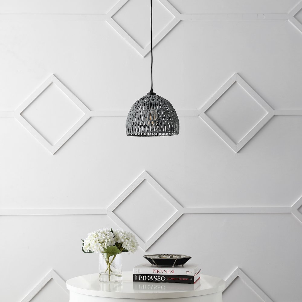 Campana 10.25" 1-Light Bohemian Modern Woven Rope/Iron LED Pendant, Gray. Picture 2